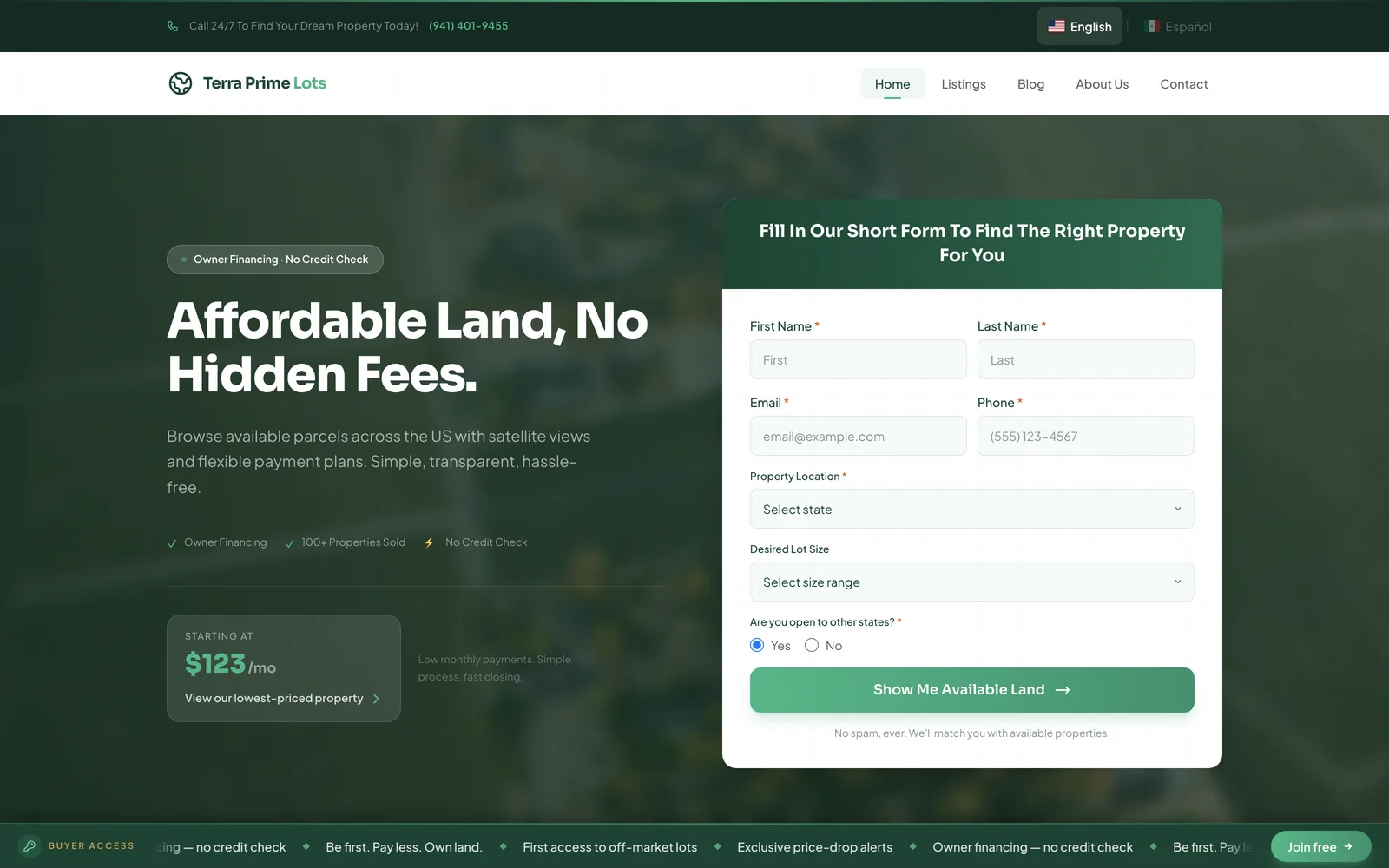 Terra Prime Lots listing website front page